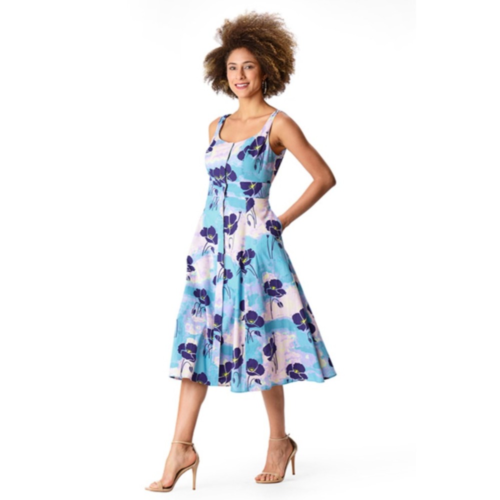 ESHAKTI Dress Custom Blue‎ Rose Garden Floral Lined Pleated A-Line